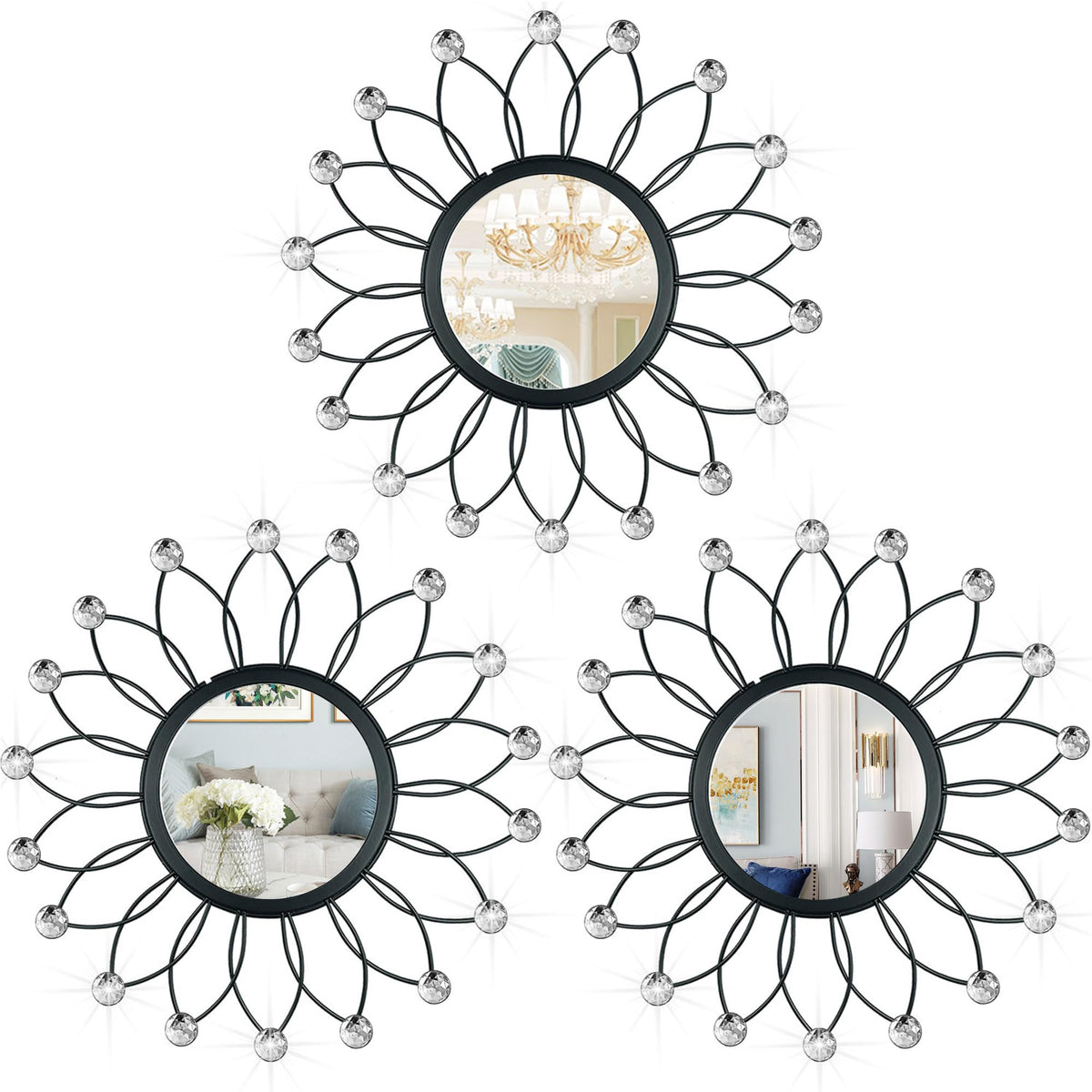 3 Pack Metal Mirrors for Wall Gold Sunburst Wall Mirror Home Decor Accent