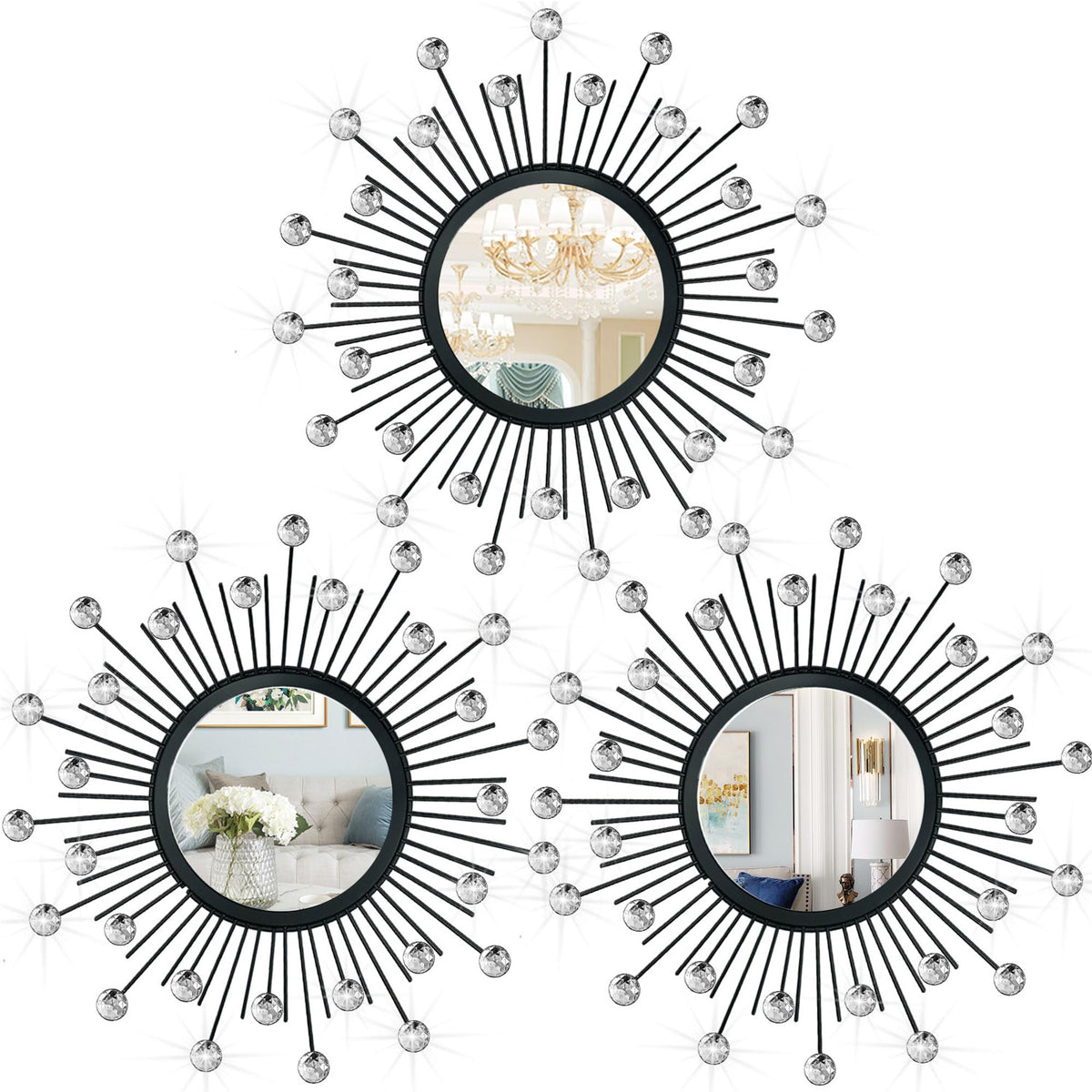 3 Pack Metal Mirrors for Wall Gold Sunburst Wall Mirror Home Decor Accent