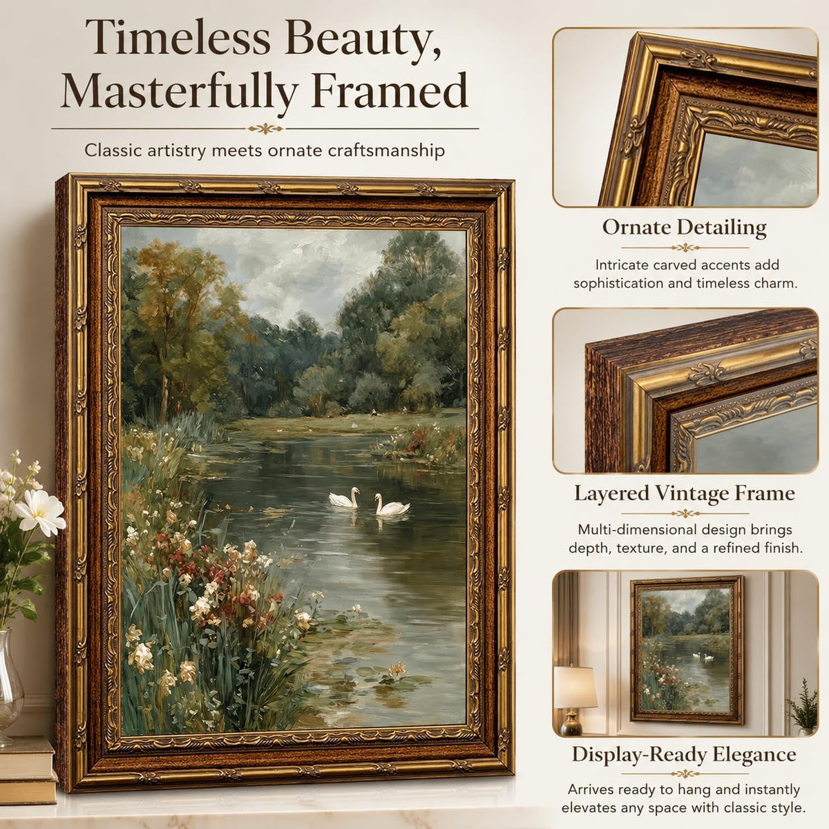 Vintage Framed Landscape Wall Art,Swan Lake canvas print 24" L x 16" W