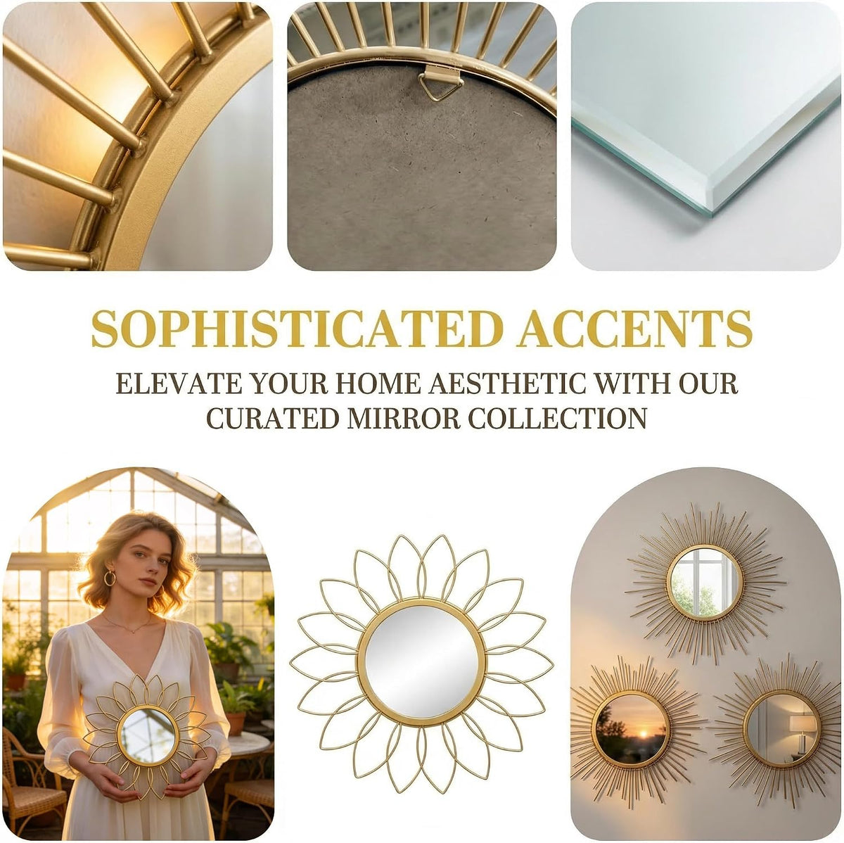 Boho Sunburst Wall Mirror Set of 3, 12 Inch Round Antique & Modern Metal Wall Art, Hanging Over The Door Mirrors for Wall Decor in Living Room, Bedroom, Bathroom, Entryway（Gold）