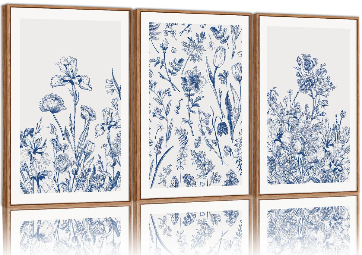 SIGNINART Orange Floral Framed Canvas Wall Art Set of 3, Mid Century Modern Flower Wall Decor, Neutral Plant Artwork, Boho Botanical Art Prints for Bedroom Living Room Office 16"x24"x3