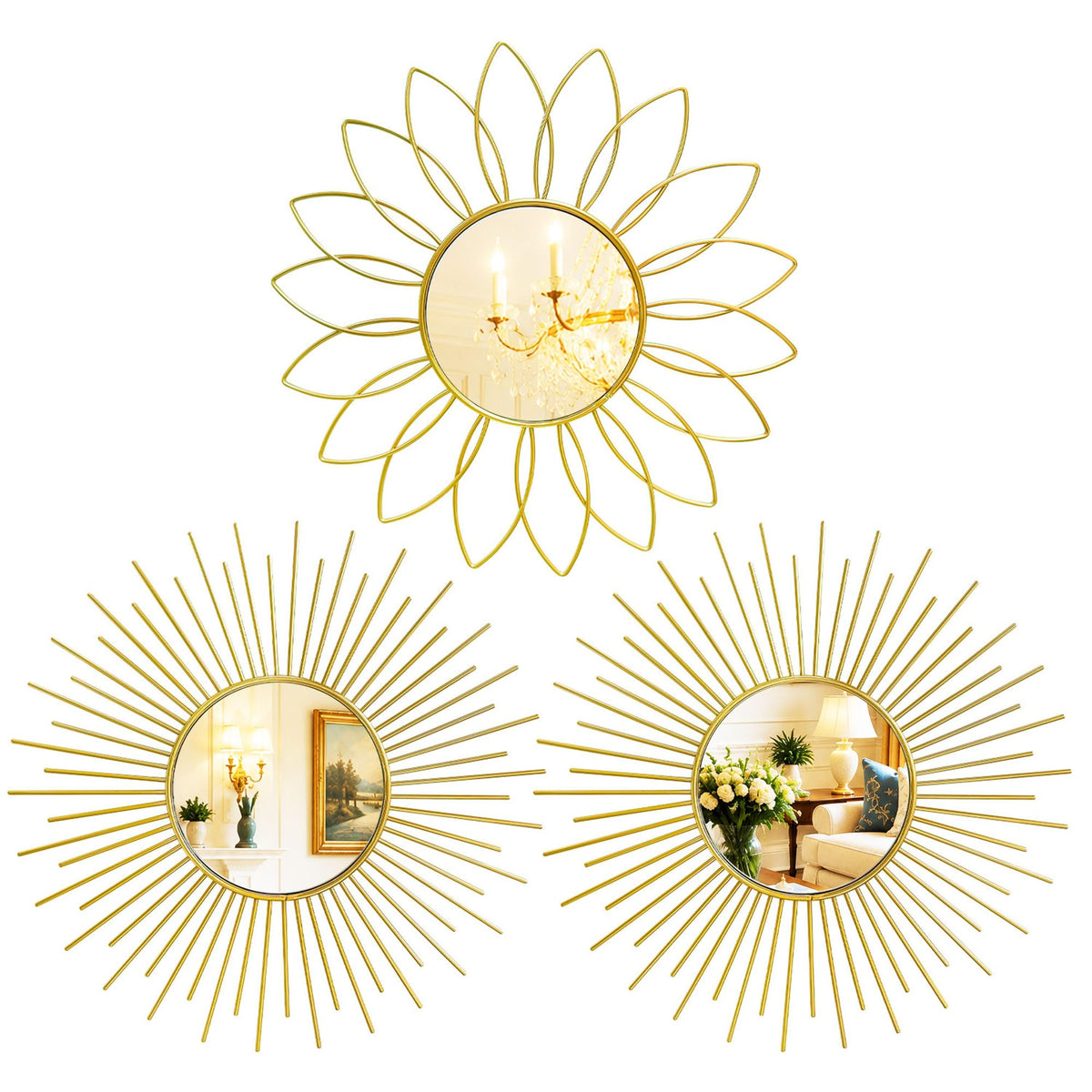 3 Pack Metal Mirrors for Wall Gold Sunburst Wall Mirror Home Decor Accent