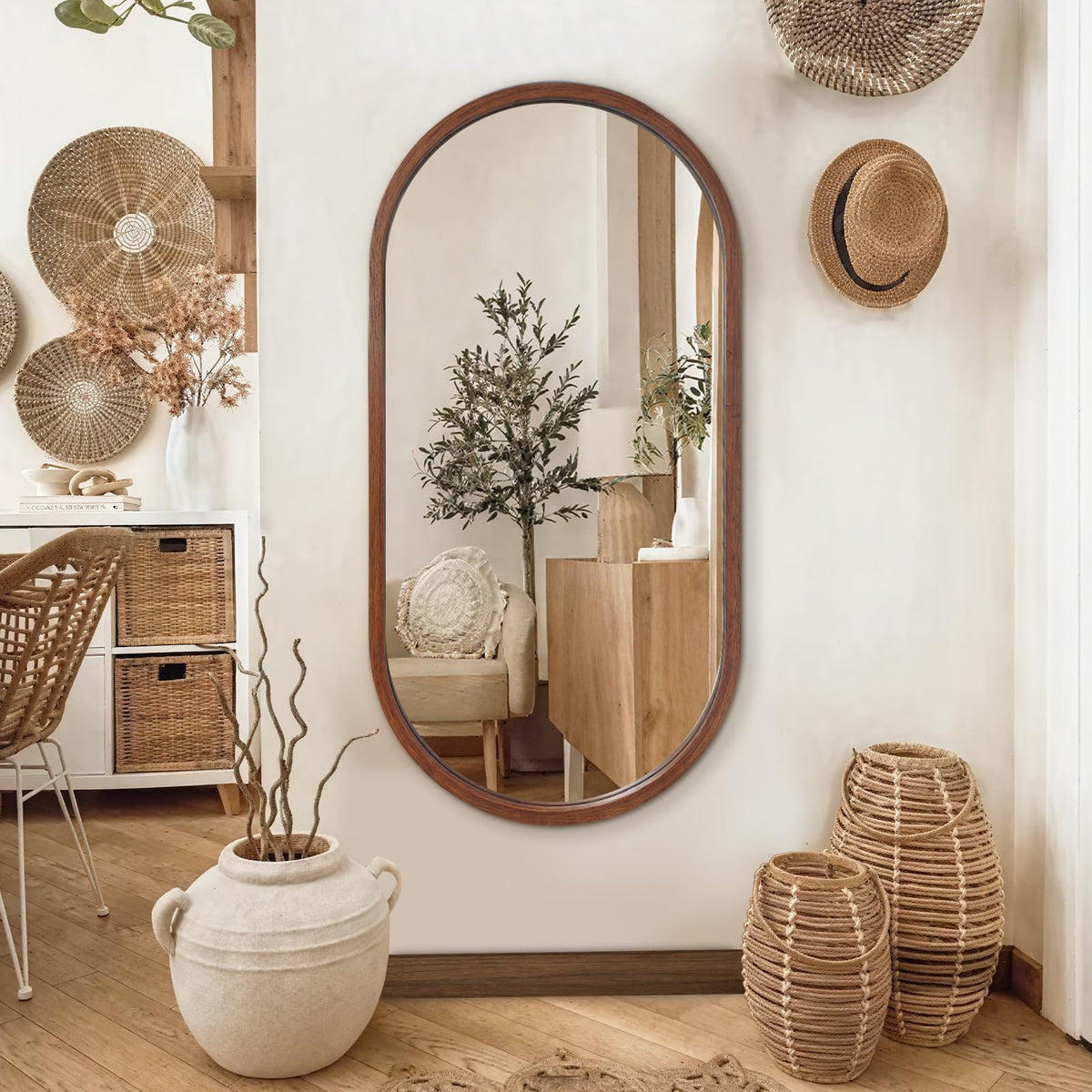Irregular Full Length Mirror, 65"x22" Wood Full Body Mirror Walnut