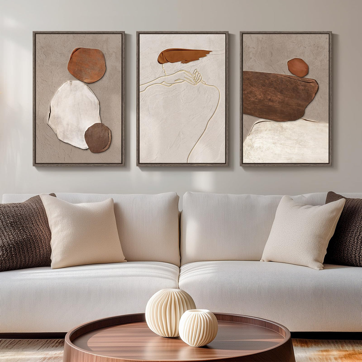 Framed Modern Rustic Neutral Abstract Wall Art, 3 Piece Set, Each 16x24 In