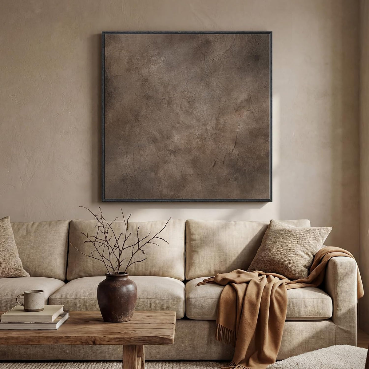 Framed Neutral Brown Abstract Canvas Wall Art for Living Room, 30x30 In