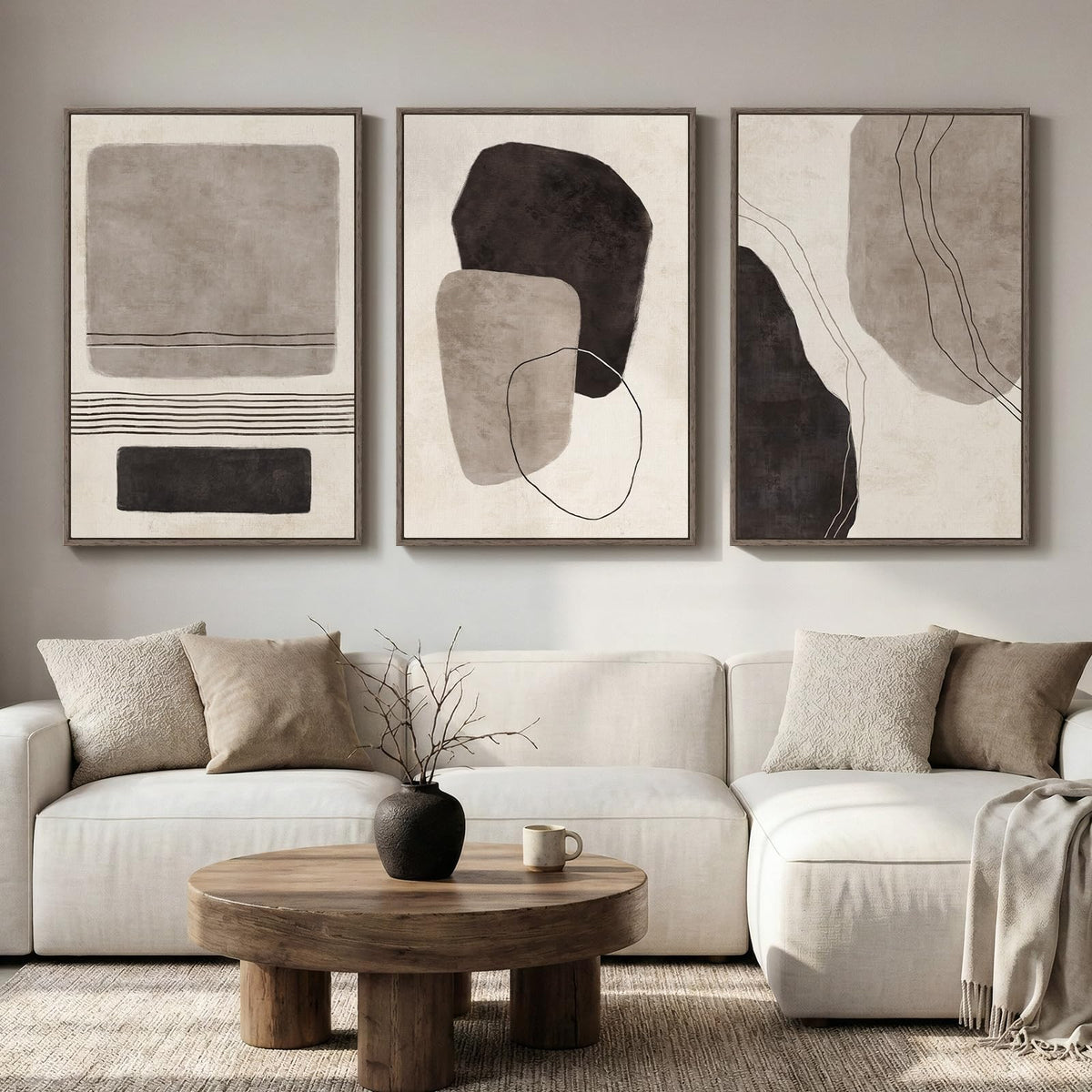 Framed Modern Minimalist Neutral Abstract Wall Art, Set of 3, Each 16x24 In