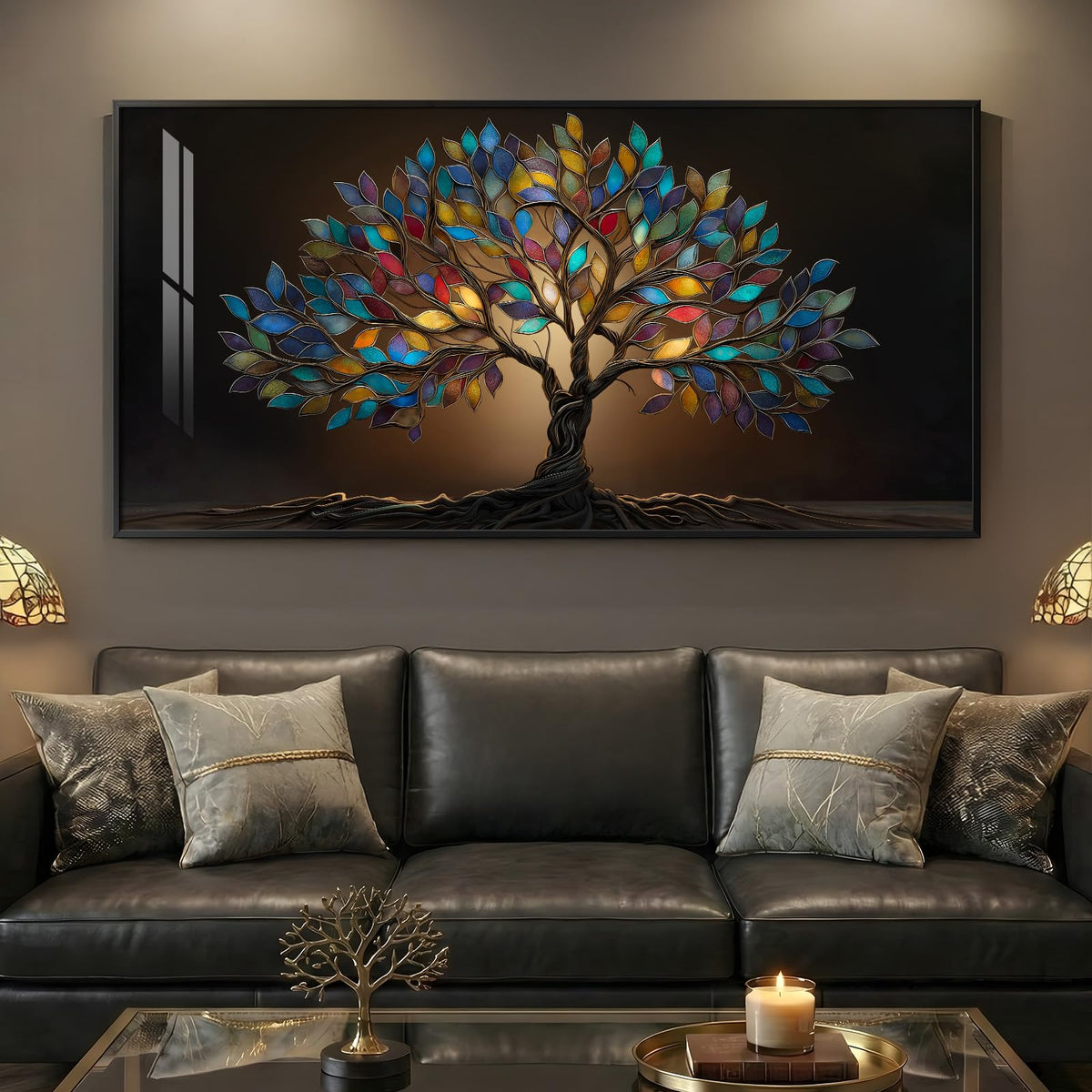 Framed Vintage Neutral Tree of Life Wall Art for Living Room, 20x40 In