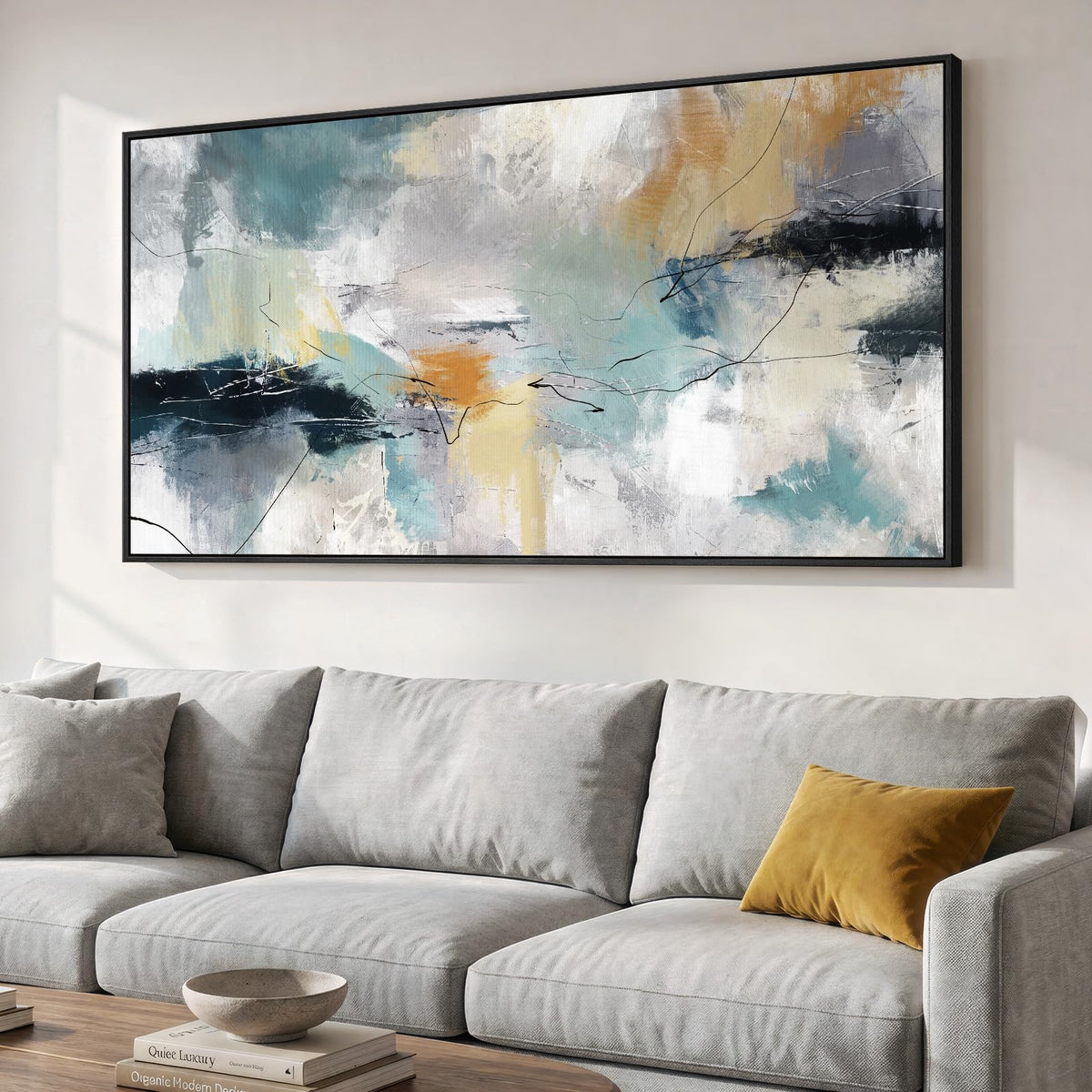 Large Framed Neutal Abstract Landscape Wall Art for Living Room, 60x30 In