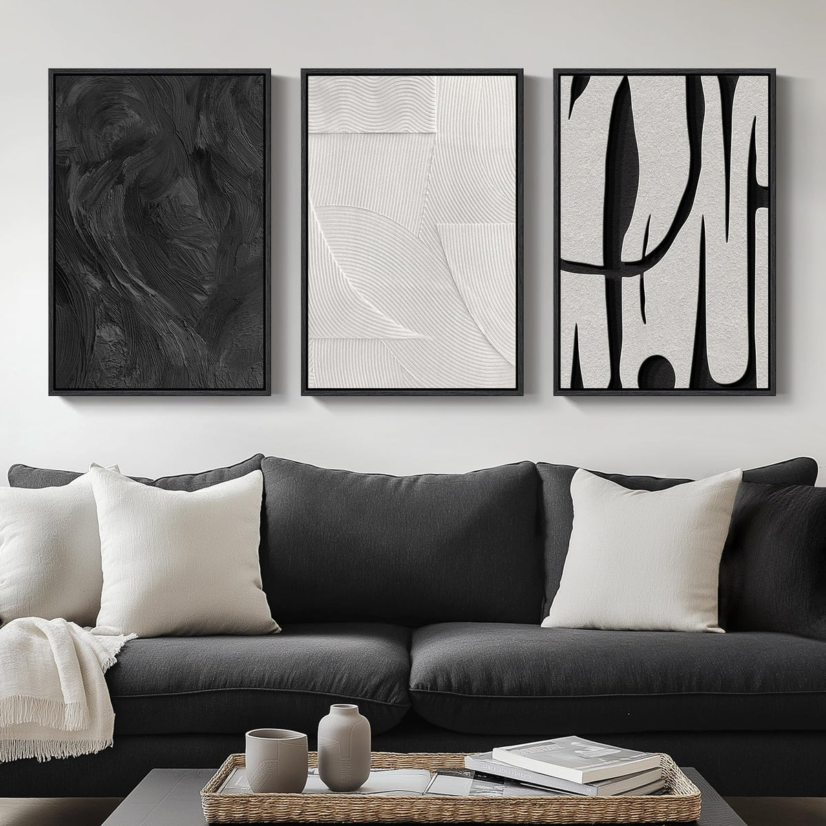 Large Framed Boho Black White Abstract Wall Art for Living Room, 24x36 In