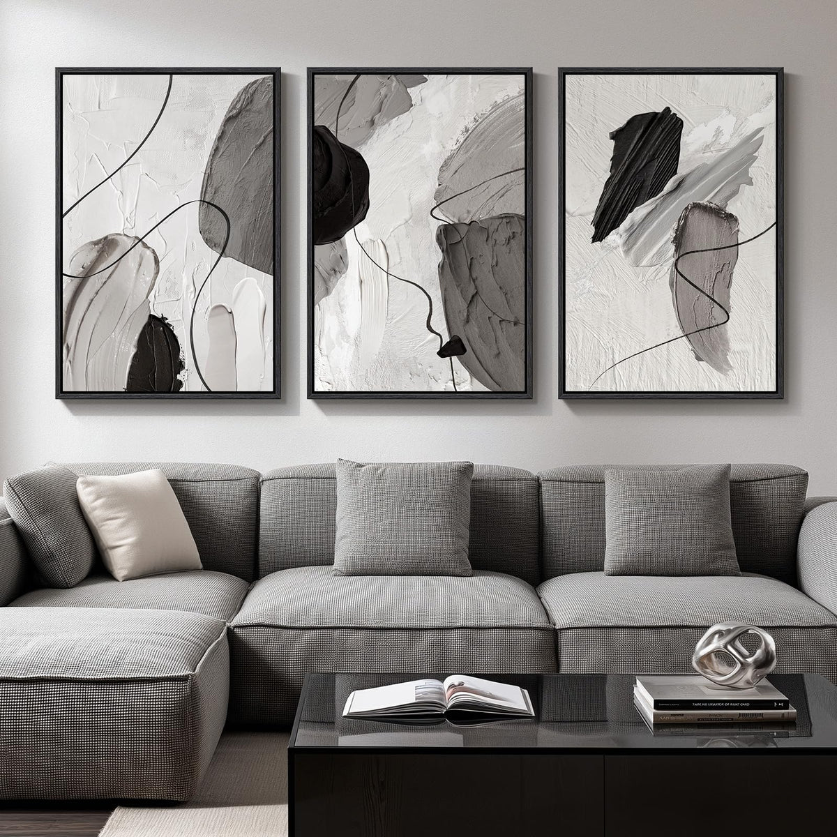 Large Framed Boho Black White Abstract Wall Art for Living Room, 24x36 In