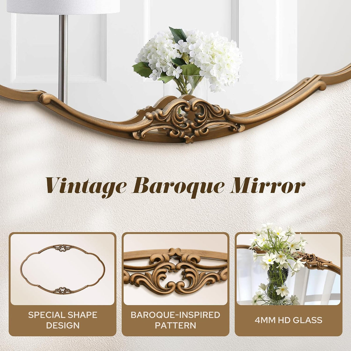 Besdomus Vintage Gold Wall Mirror: 33"x19.5" Medium Antique Oval Mirror