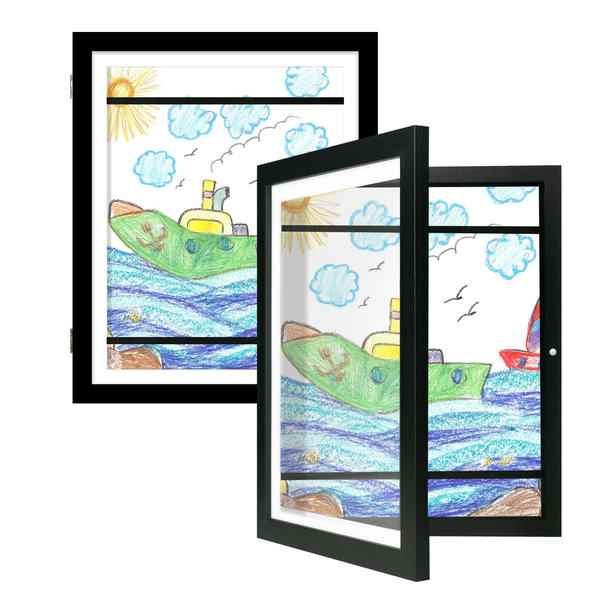 iRahmen Kids Art Frames 8.5x11 Set of 2 - Front Opening Childrens Picture Frame Changeable, Wood Artwork Display Storage for Wall Mount, Magnetic Door Holds 50 Art Pieces for Drawings, 3D Picture, Crafts, Portfolio, Brown