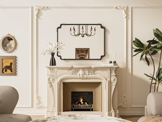 TETOTE Baroque Antique Black Scroll Wall Mirror 40 x 30 Vintage Rectangle Framed Baroque French Rectangular Mirror for Mantle Fireplace Bathroom Living Room, Horizontal/Vertical