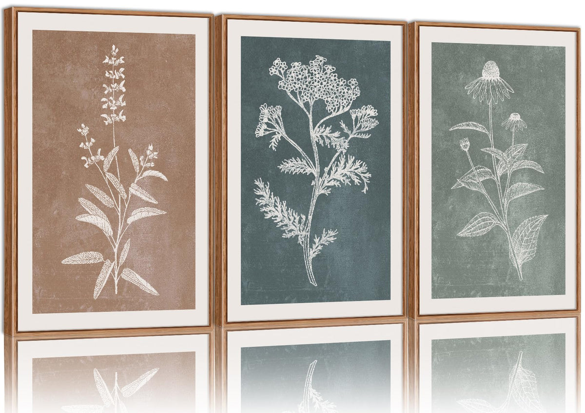 SIGNINART Orange Floral Framed Canvas Wall Art Set of 3, Mid Century Modern Flower Wall Decor, Neutral Plant Artwork, Boho Botanical Art Prints for Bedroom Living Room Office 16"x24"x3
