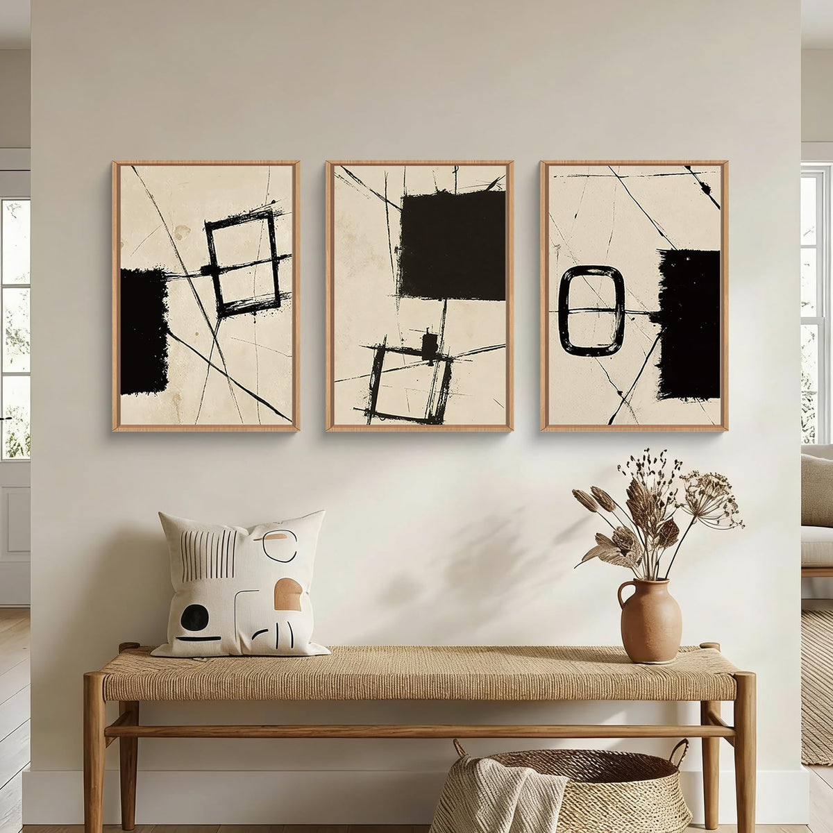 HOURIA Blue White Abstract Neutral Framed Canvas Wall Art Set- 16"x24"x3