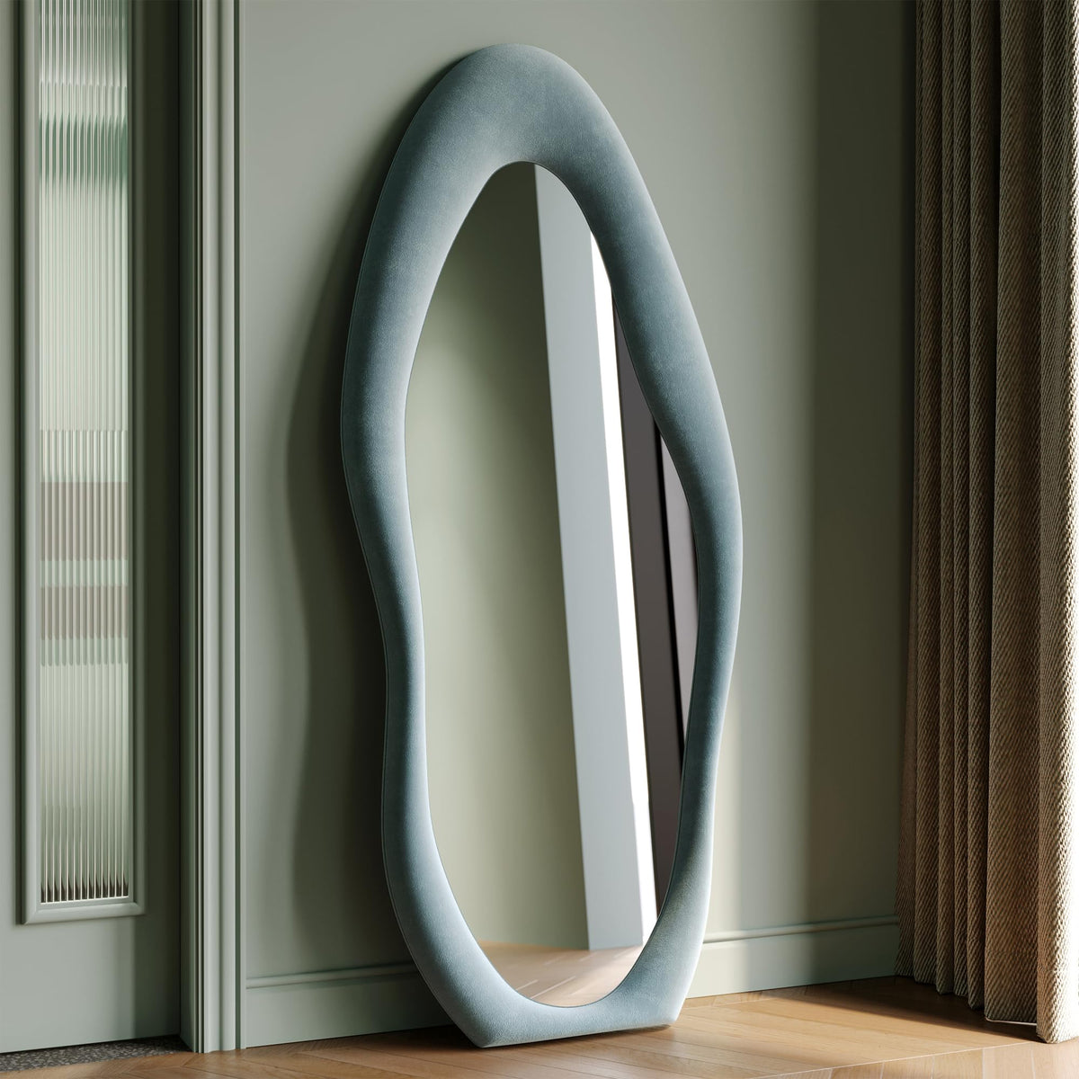 Honyee 55" x 24" Wall Mirror, Flannel Wrapped Wooden Frame Wavy Mirror, Irregular Mirror Hanging for Cloakroom/Bedroom/Living Room, Ivory White