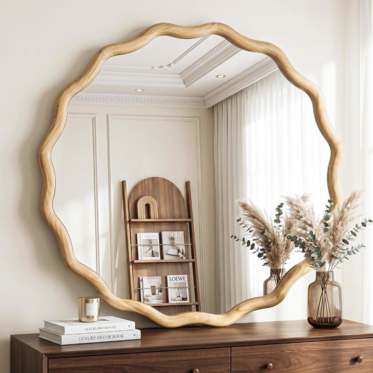FICTOR Round Wood Wall Mirror, 36" Boho Wavy Circle Mirror