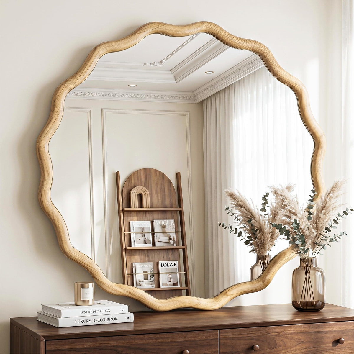 FICTOR Round Wood Wall Mirror, 36" Boho Wavy Circle Mirror