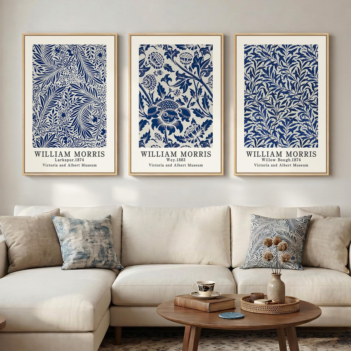 Framed Vintage William Morris Boho Canvas Wall Art for Living Room, 3 Piece