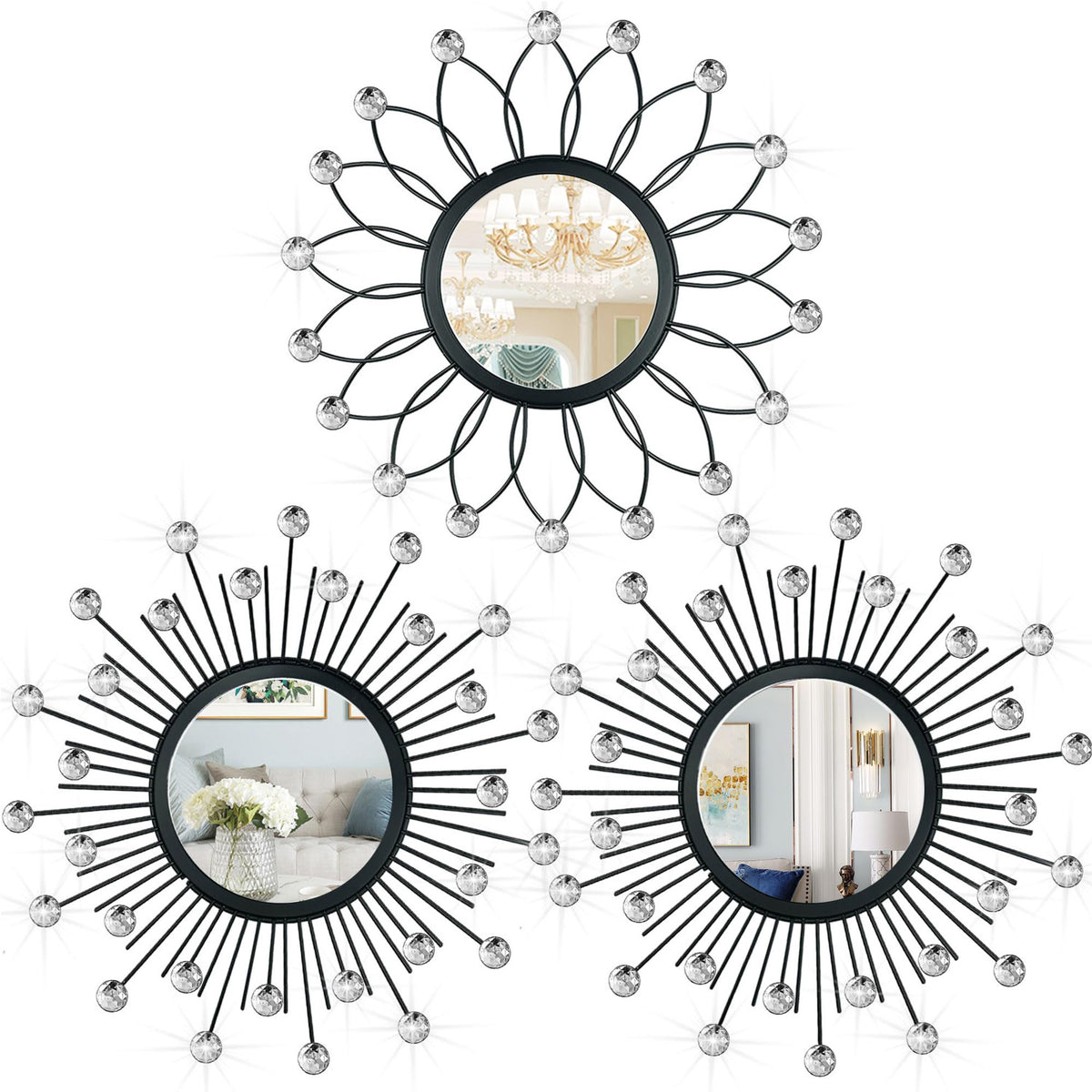 3 Pack Metal Mirrors for Wall Gold Sunburst Wall Mirror Home Decor Accent