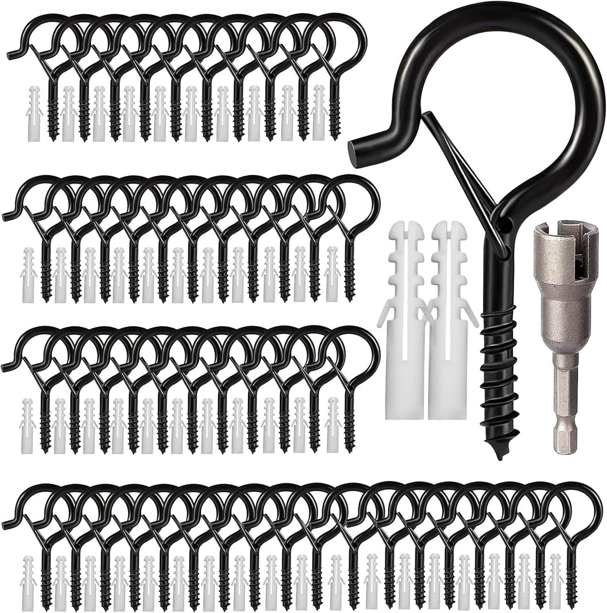 cyrico Hooks for Outdoor String Lights, 52 Pack Screw Hooks for Hanging Plants Led Party Lights Garage Wind Chimes, Black Heavy Duty Q Hanger Ceiling with Safety Buckle, Box and Wing Nut Driver