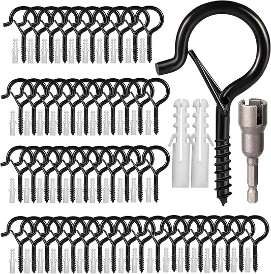 cyrico Hooks for Outdoor String Lights, 52 Pack Screw Hooks for Hanging Plants Led Party Lights Garage Wind Chimes, Black Heavy Duty Q Hanger Ceiling with Safety Buckle, Box and Wing Nut Driver