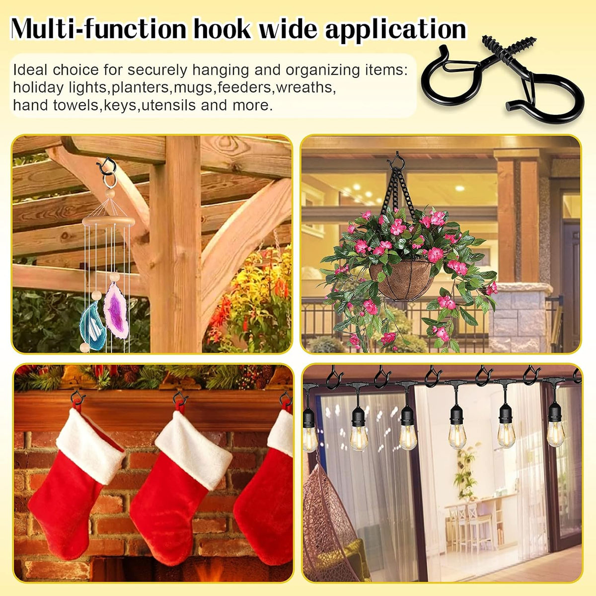 cyrico Hooks for Outdoor String Lights, 52 Pack Screw Hooks for Hanging Plants Led Party Lights Garage Wind Chimes, Black Heavy Duty Q Hanger Ceiling with Safety Buckle, Box and Wing Nut Driver