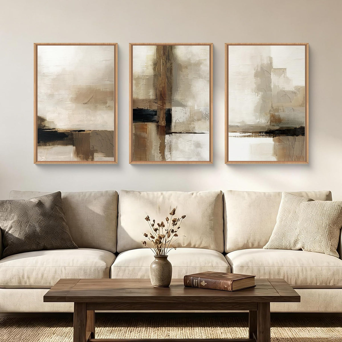 HOURIA Blue White Abstract Neutral Framed Canvas Wall Art Set- 16"x24"x3