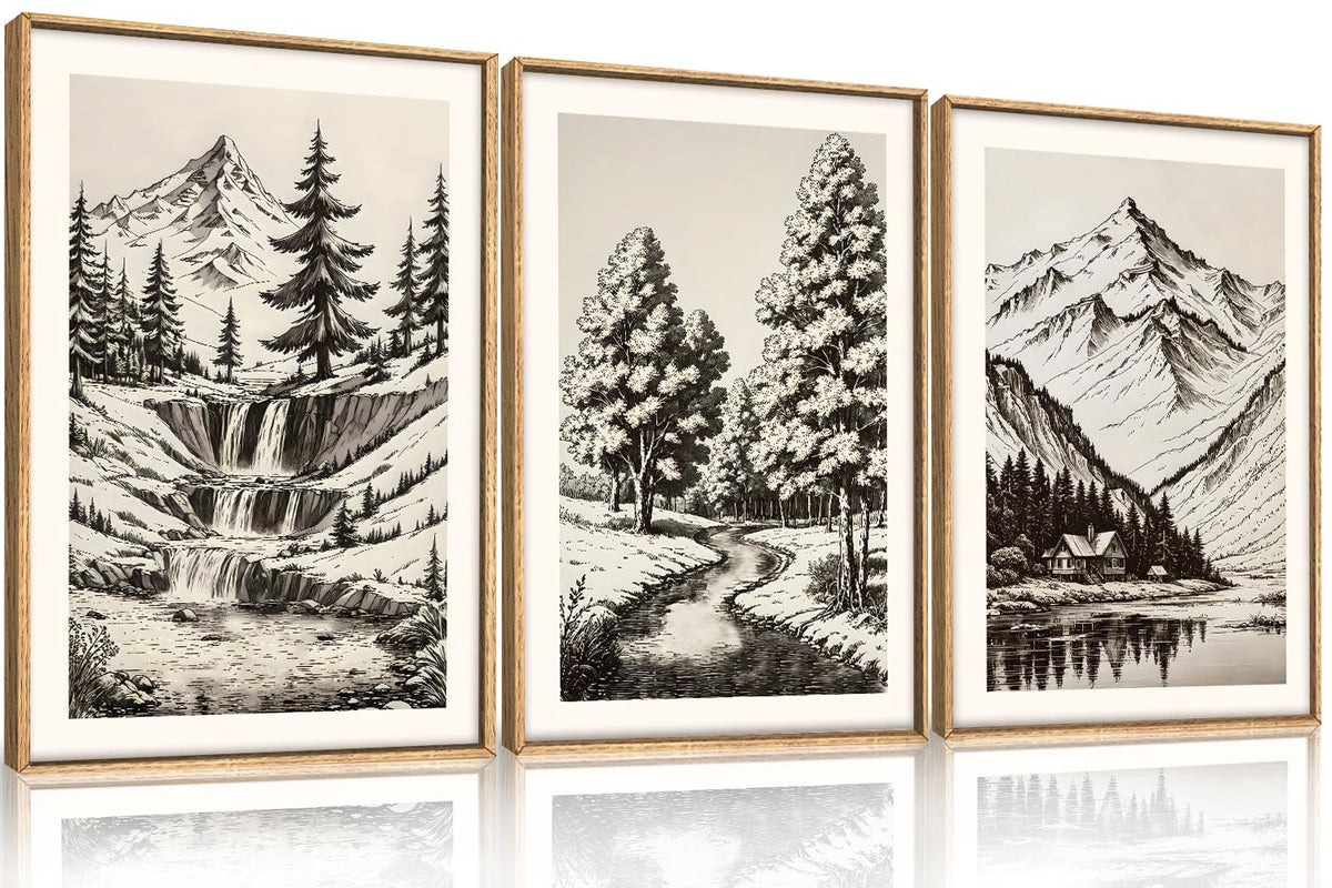 HOURIA Blue White Abstract Neutral Framed Canvas Wall Art Set- 16"x24"x3