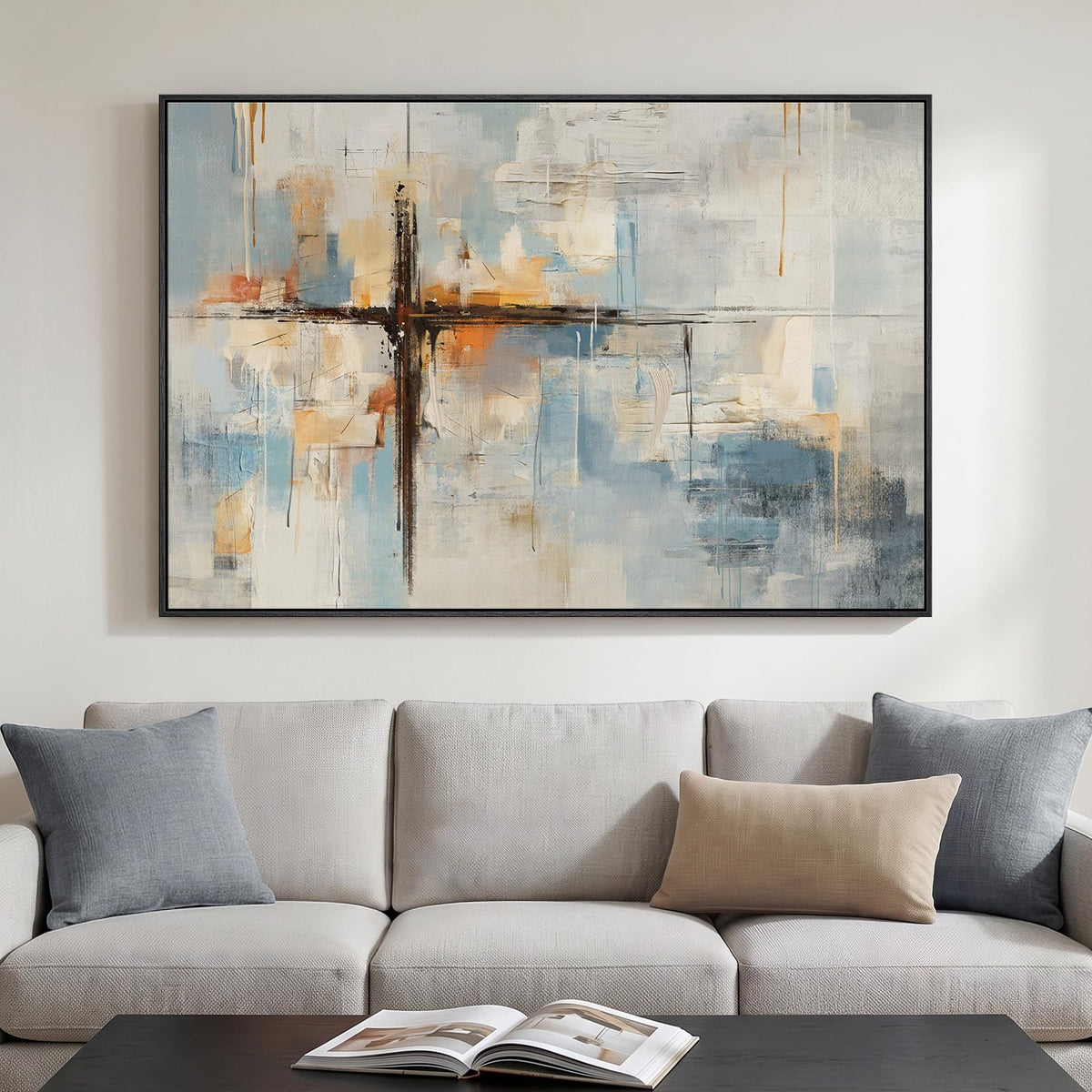 Large Framed Neutral Abstract Wall Art for Living Room, Horizontal 30x60 In