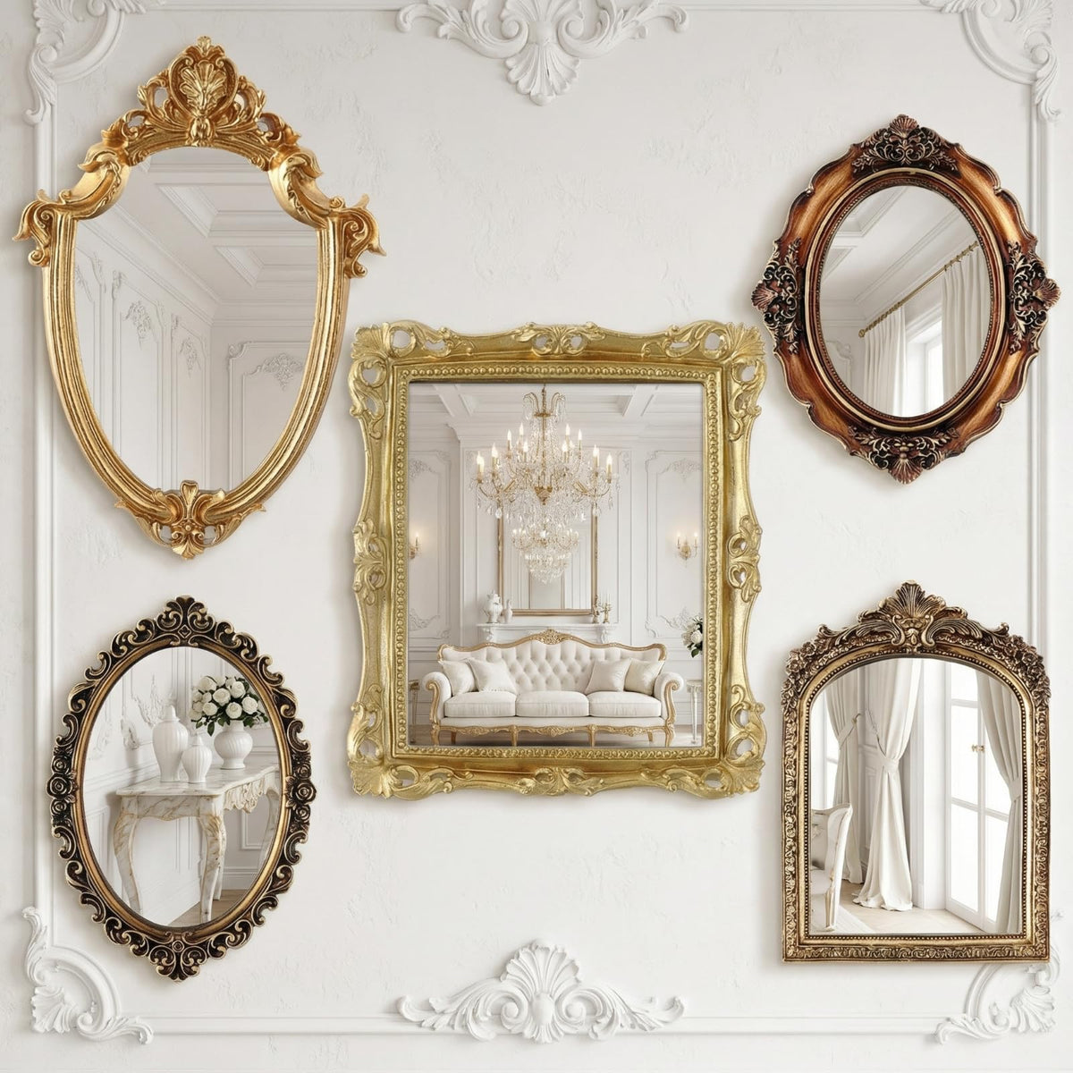 Wonderjune 3 Pcs Vintage Gold Wall Mirror Set, Classic Style