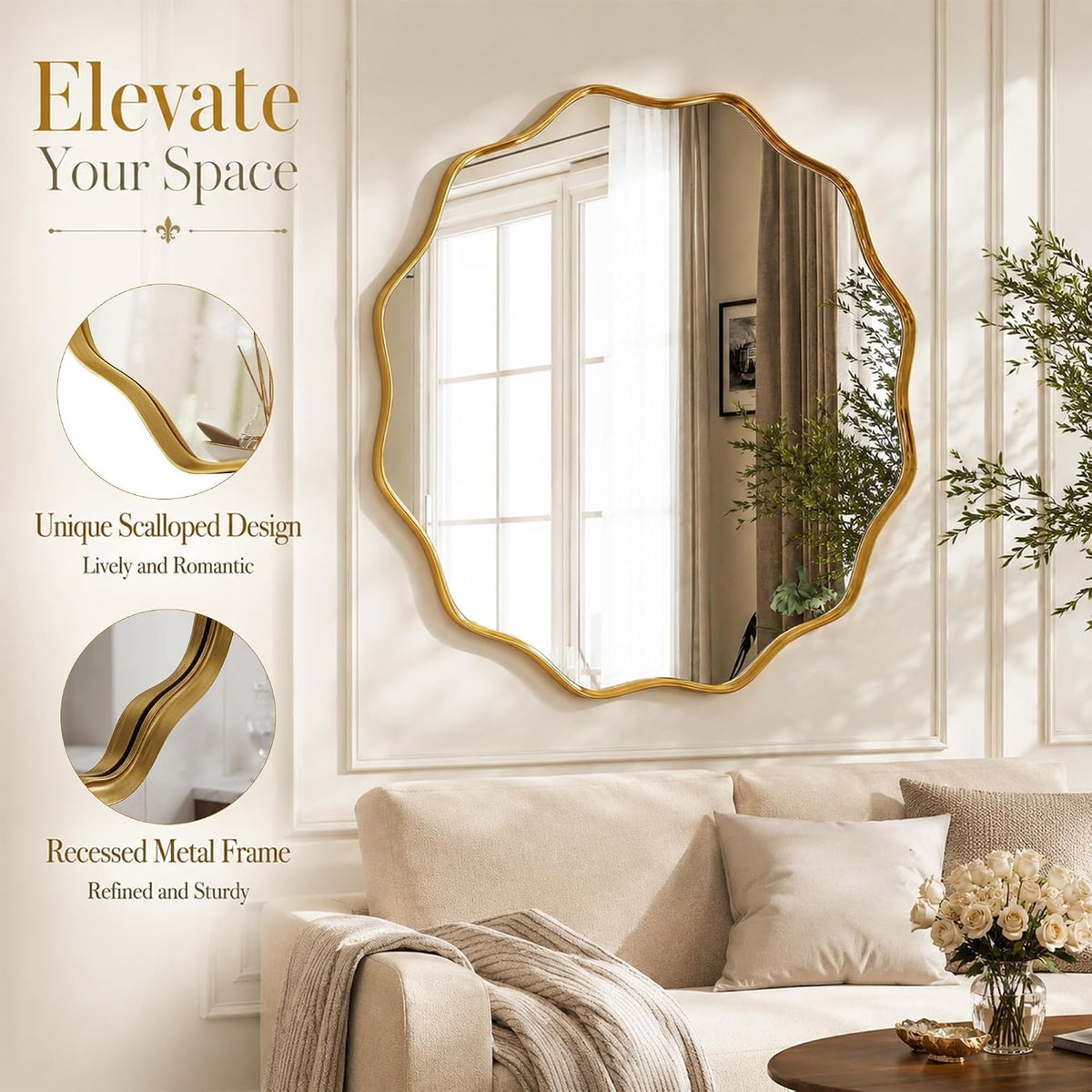 VooBang Gold Scalloped Circle Mirror, 24" Wavy Edge Round Wall Mirror