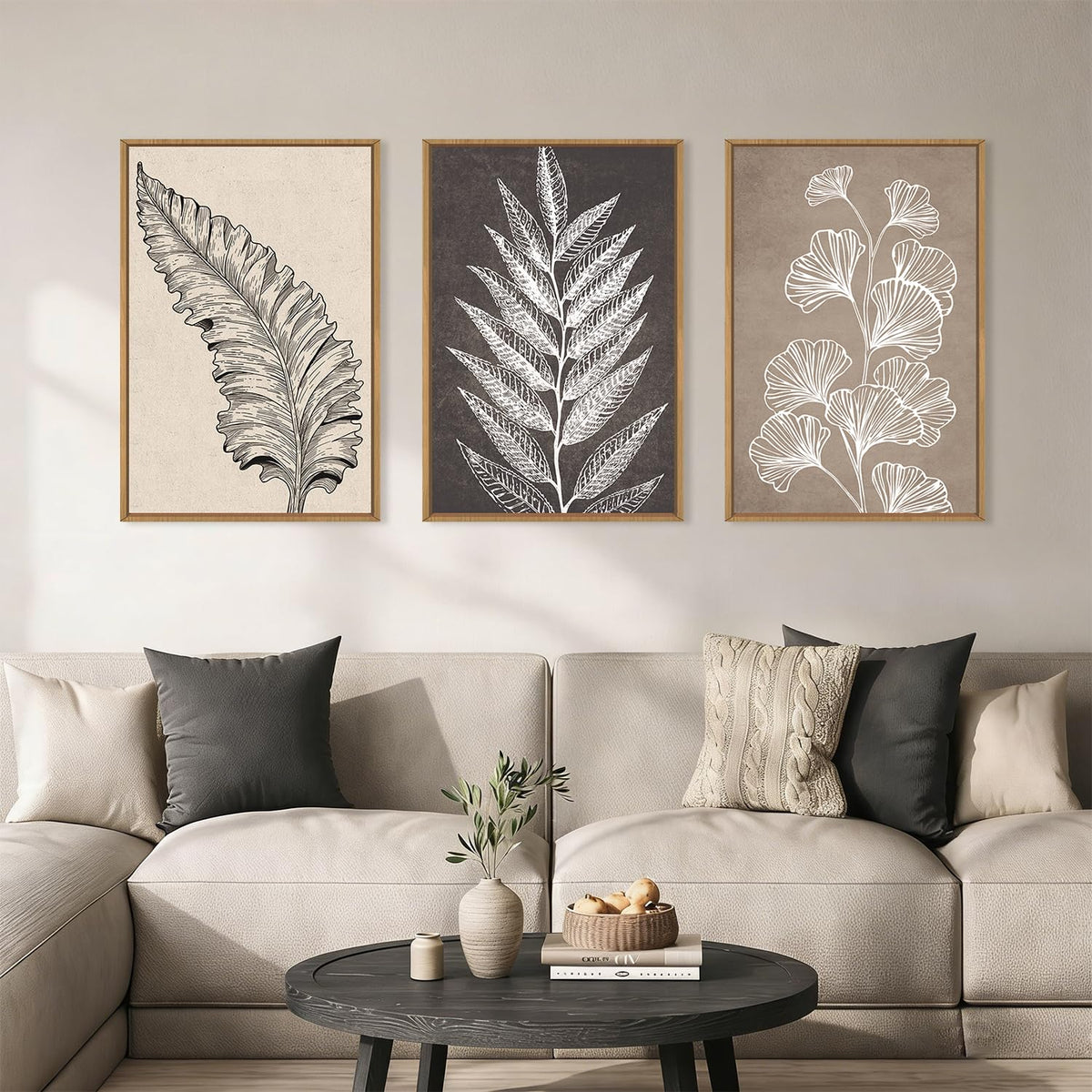 HOURIA Blue White Abstract Neutral Framed Canvas Wall Art Set- 16"x24"x3