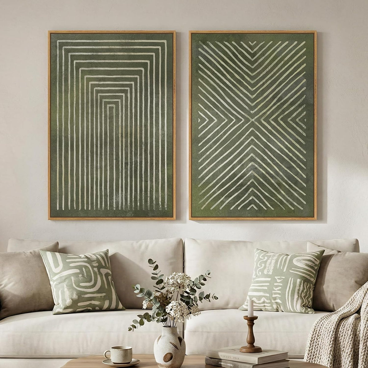 Large Framed Green Abstract Wall Art for Living Room Set of 2, 24x36 In