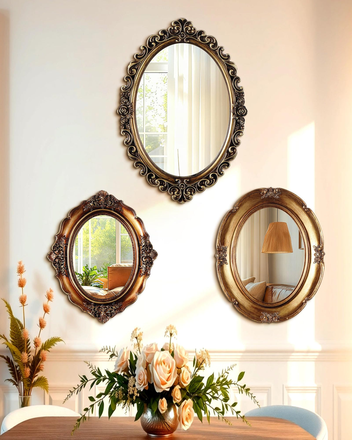 Wonderjune 3 Pcs Vintage Gold Wall Mirror Set, Classic Style