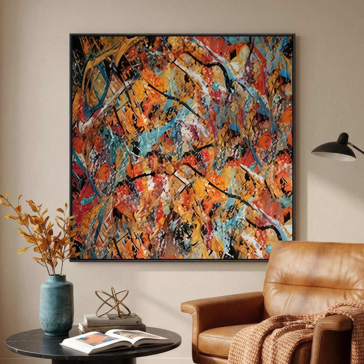 Framed Neutral Brown Abstract Canvas Wall Art for Living Room, 30x30 In