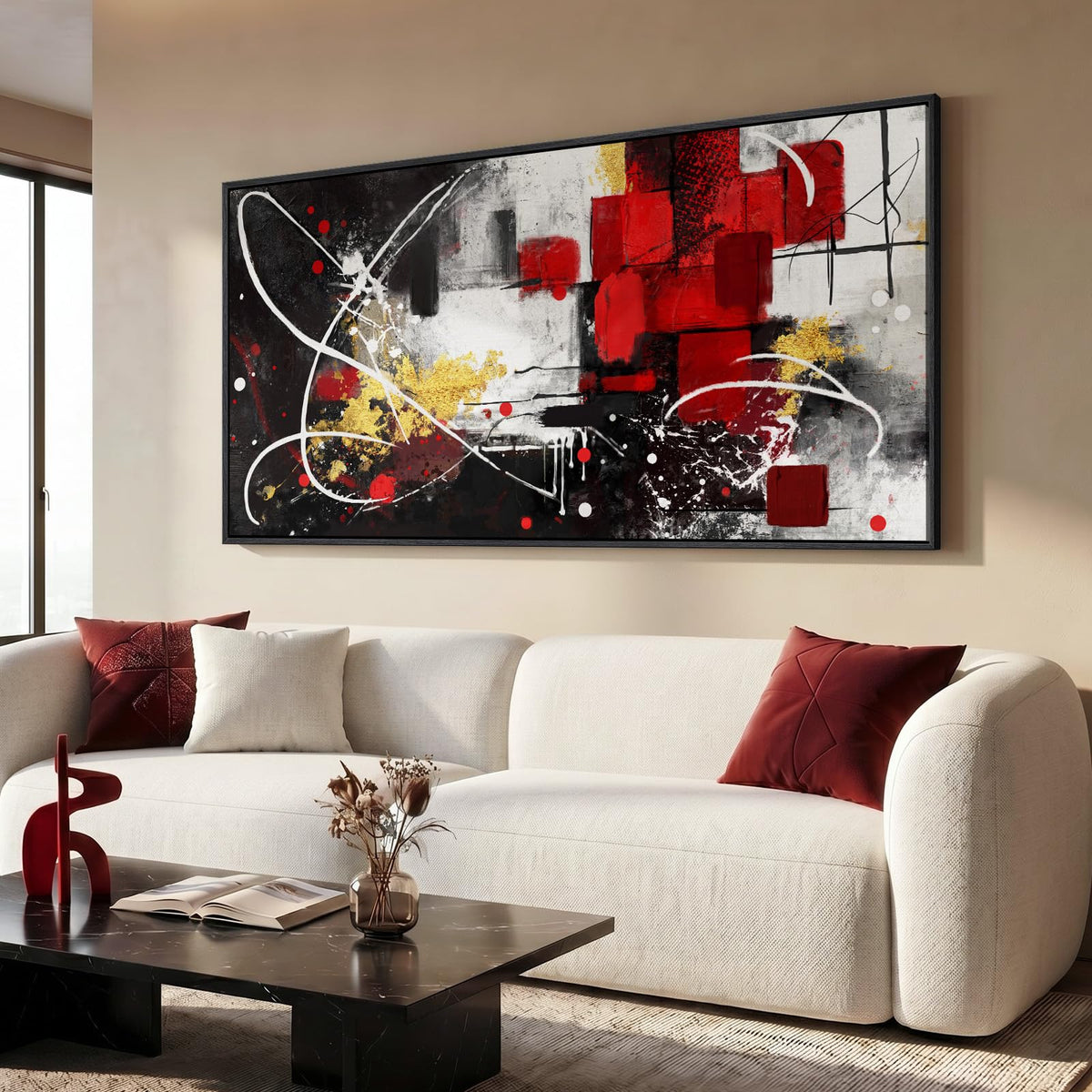 Large Framed Neutal Abstract Landscape Wall Art for Living Room, 60x30 In