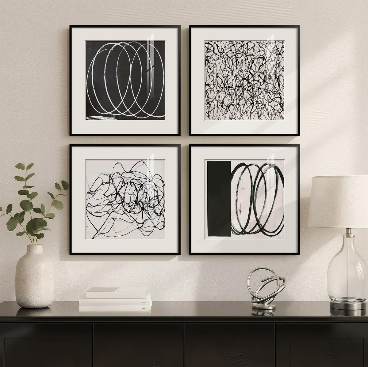 4 Piece Framed Neutral Abstract Modern Wall Art for Living Room, 12x12 In