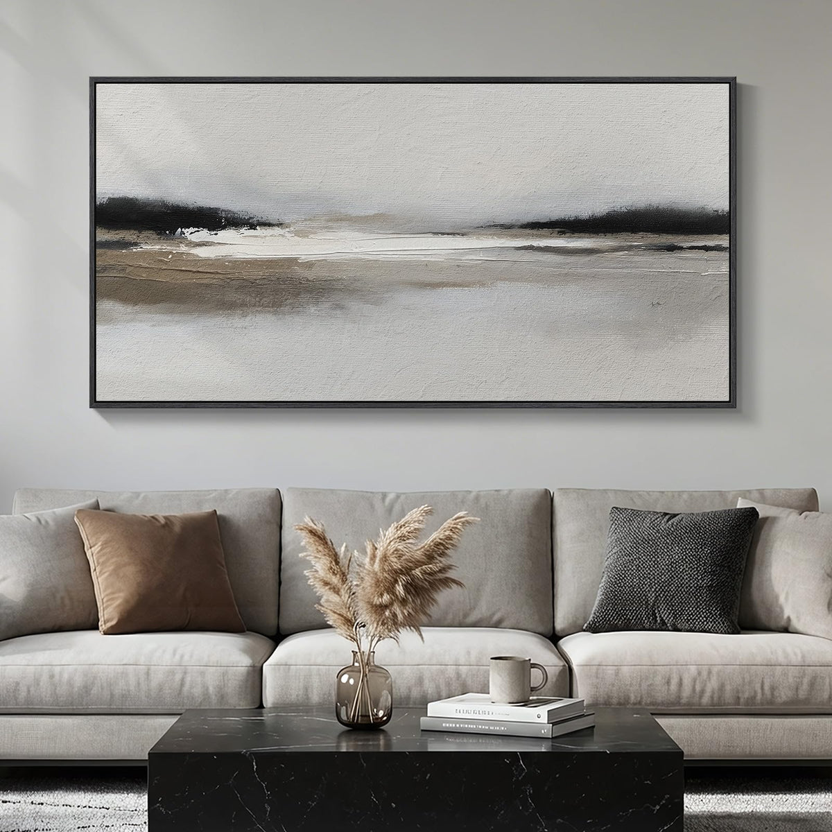 Large Framed Neutral Abstract Wall Art for Living Room, Horizontal 30x60 In