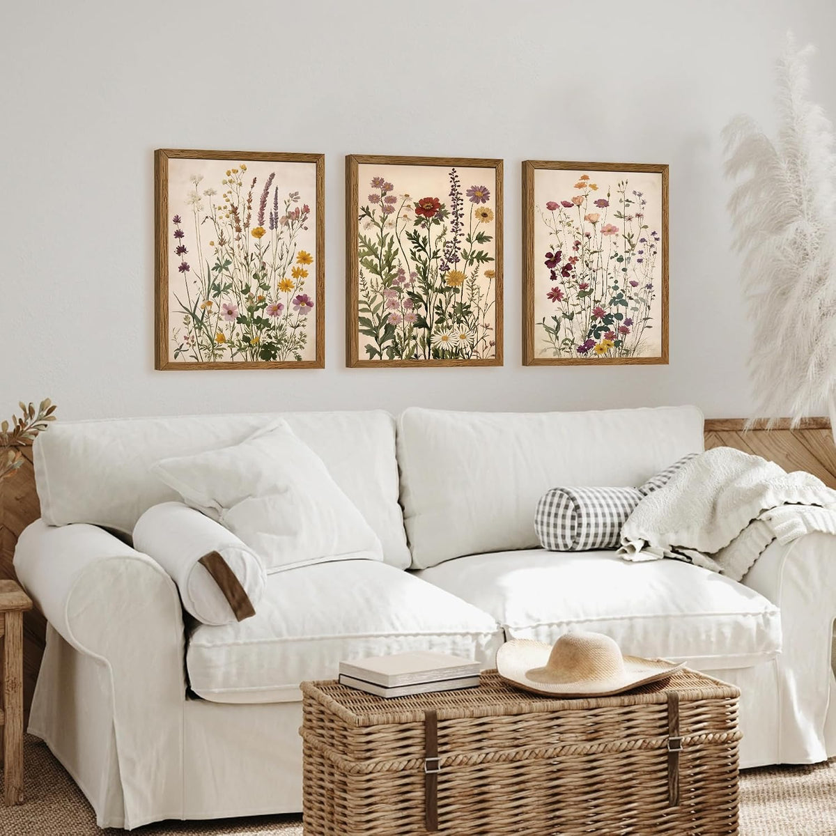 AVECCO 3 Piece Vintage Wildflower Botanical Framed Canvas Wall Art 12x16 in