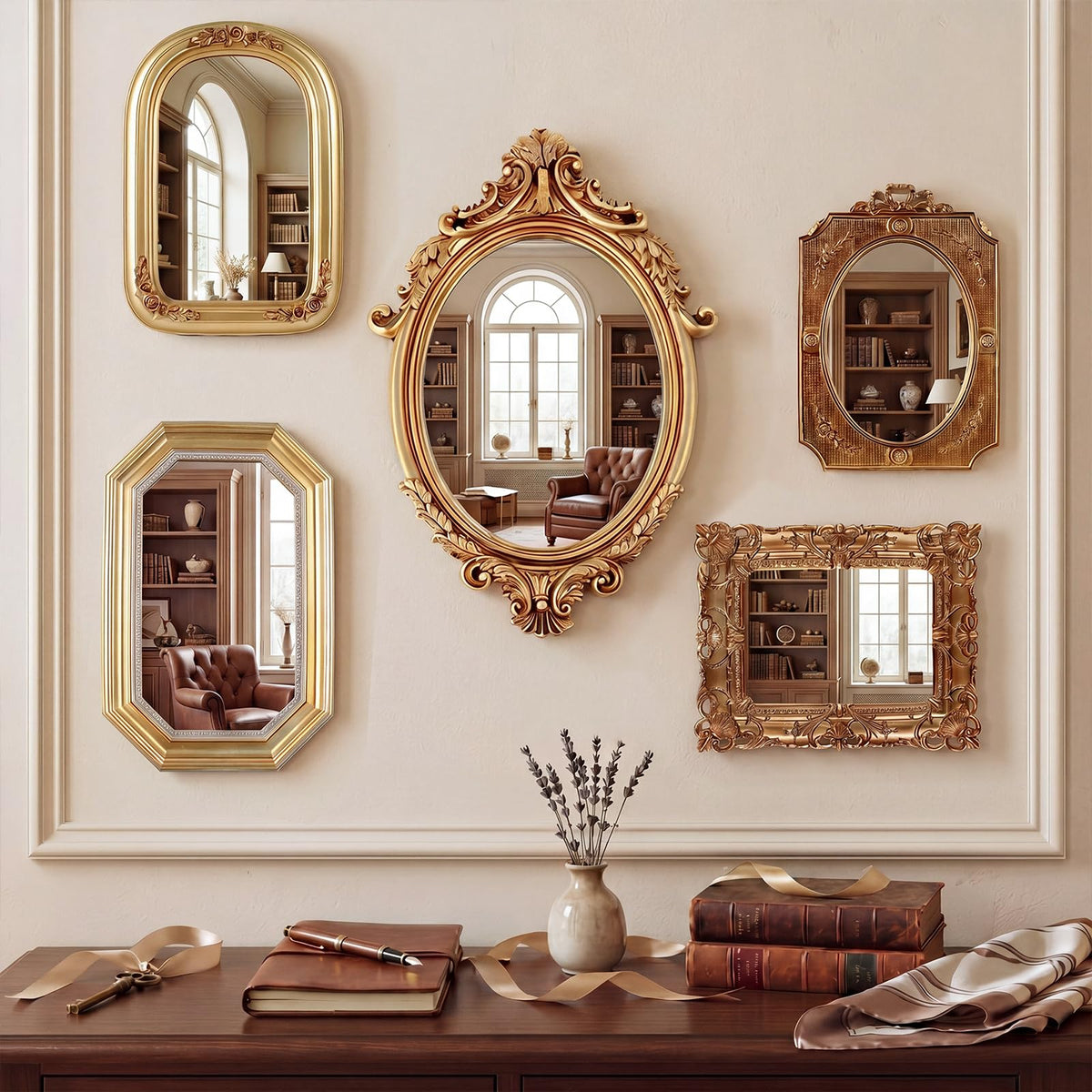 Wonderjune 3 Pcs Vintage Gold Wall Mirror Set, Classic Style