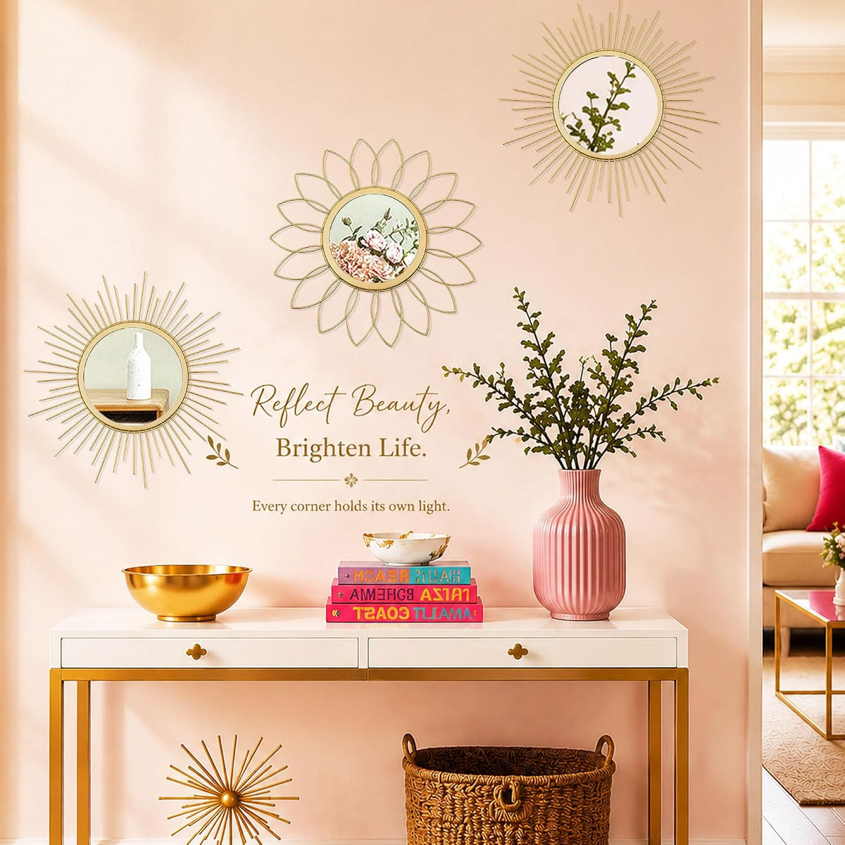 3 Pack Metal Mirrors for Wall Gold Sunburst Wall Mirror Home Decor Accent