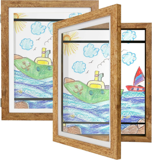 iRahmen Kids Art Frames 8.5x11 Set of 2 - Front Opening Childrens Picture Frame Changeable, Wood Artwork Display Storage for Wall Mount, Magnetic Door Holds 50 Art Pieces for Drawings, 3D Picture, Crafts, Portfolio, Brown