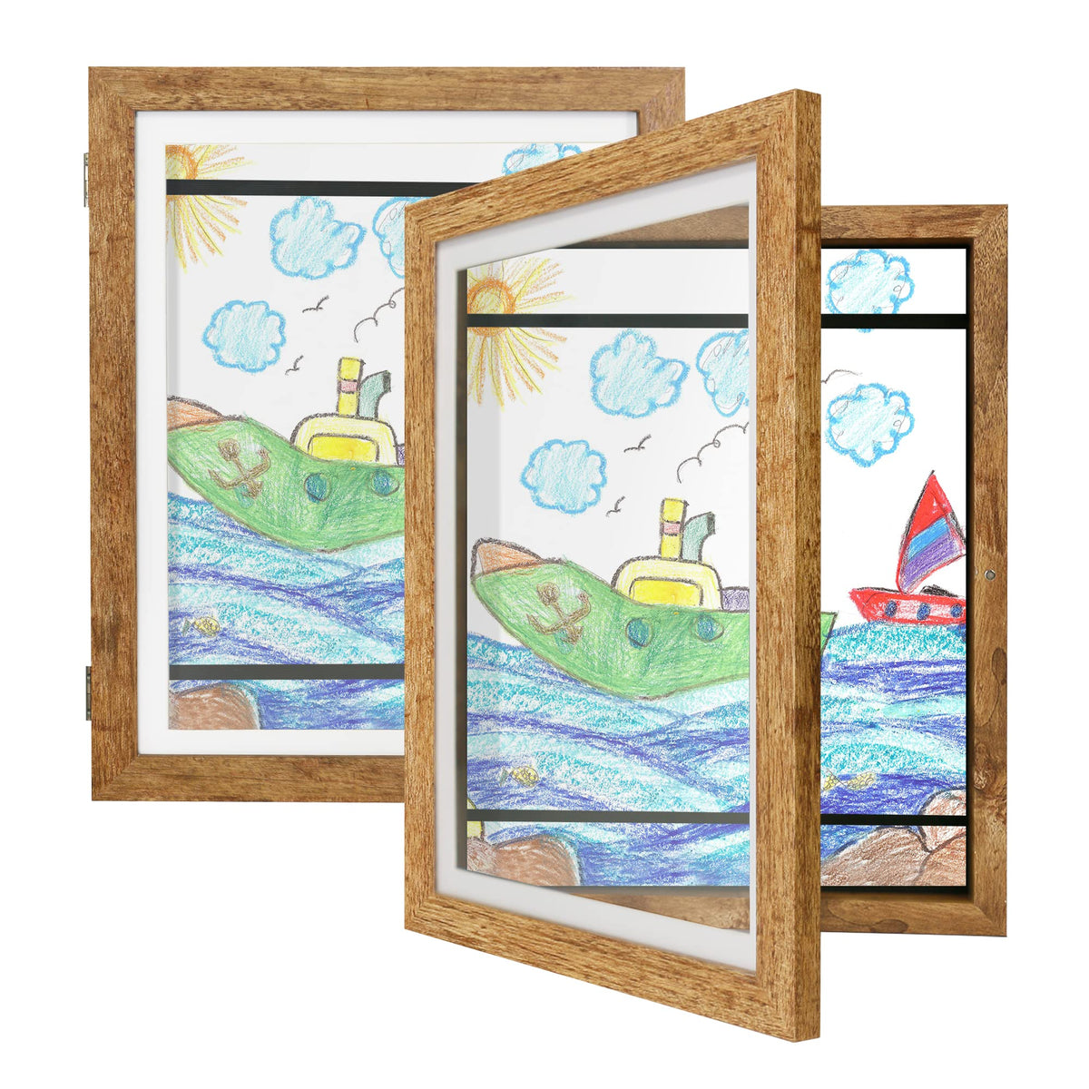 iRahmen Kids Art Frames 8.5x11 Set of 2 - Front Opening Childrens Picture Frame Changeable, Wood Artwork Display Storage for Wall Mount, Magnetic Door Holds 50 Art Pieces for Drawings, 3D Picture, Crafts, Portfolio, Brown