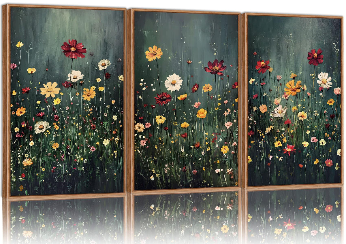 SIGNINART Orange Floral Framed Canvas Wall Art Set of 3, Mid Century Modern Flower Wall Decor, Neutral Plant Artwork, Boho Botanical Art Prints for Bedroom Living Room Office 16"x24"x3