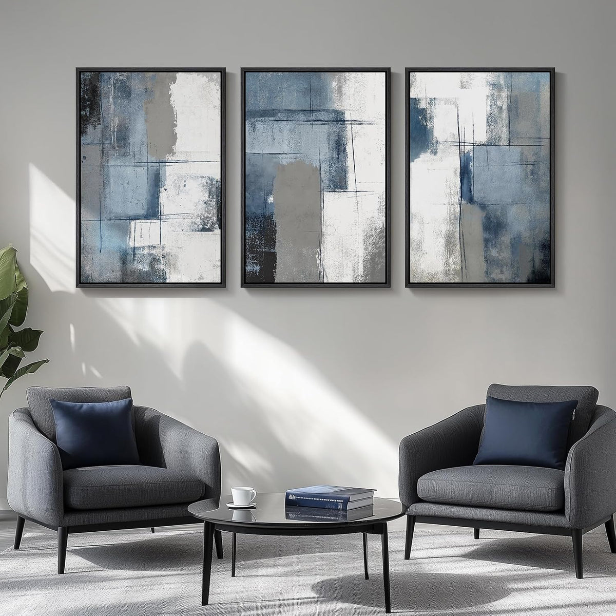 Large Framed Blue and Gray Abstract Wall Art for Living Room, 3 Piece 24x36