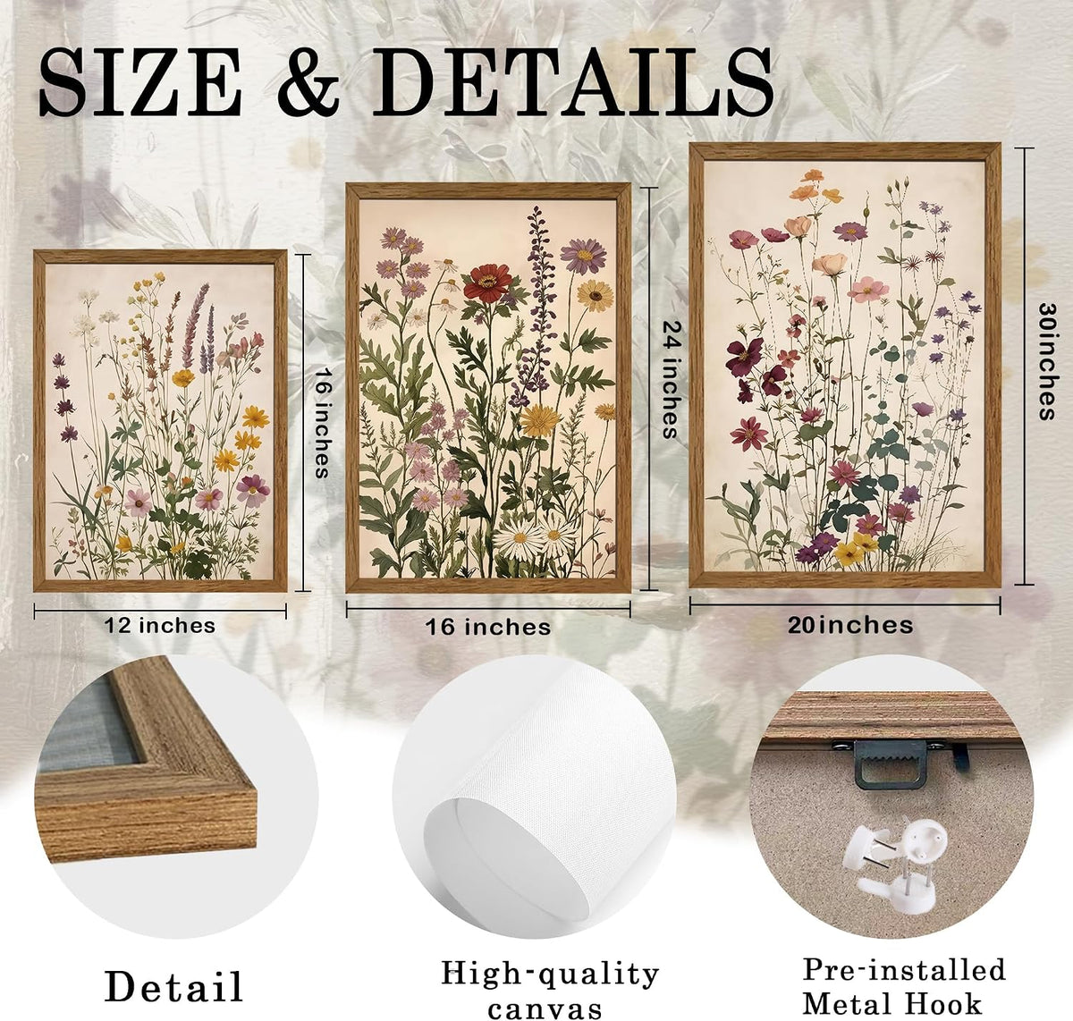AVECCO 3 Piece Vintage Wildflower Botanical Framed Canvas Wall Art 12x16 in