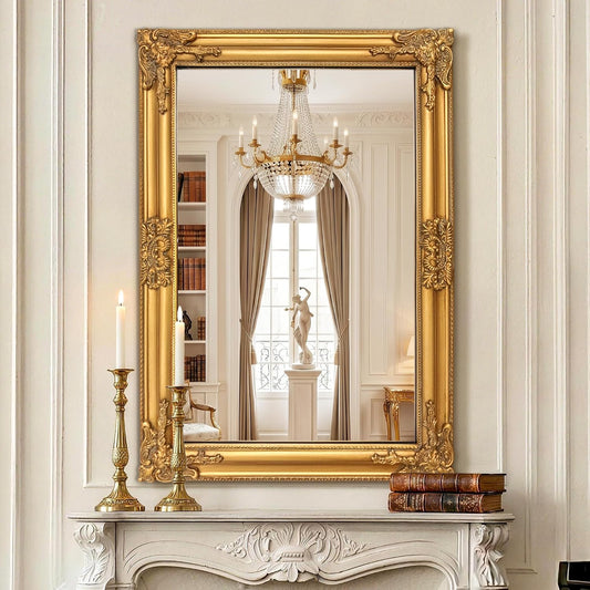 FICTOR Vintage Gold Wall Mirror 28 x 40 Inch, Antique Gold Baroque Mirror