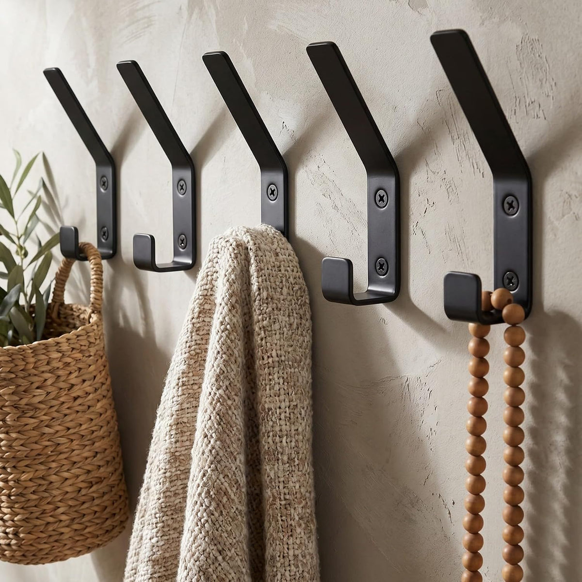 Decorative Coat Hooks Set of 5 for Wall Mount - Sturdy Black Metal Double