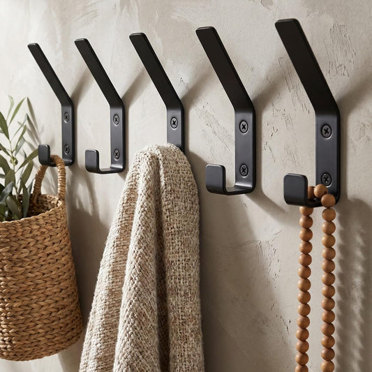 Decorative Coat Hooks Set of 5 for Wall Mount - Sturdy Black Metal Double